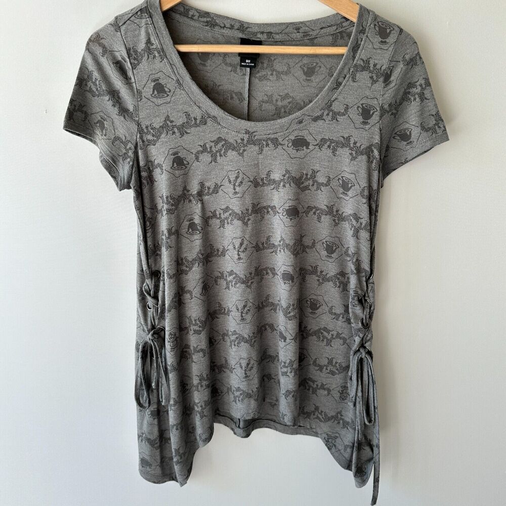 Disney Hot Topic Beauty & The Beast Gray Blouse Shirt Side Tie Mrs Potts Chip SM